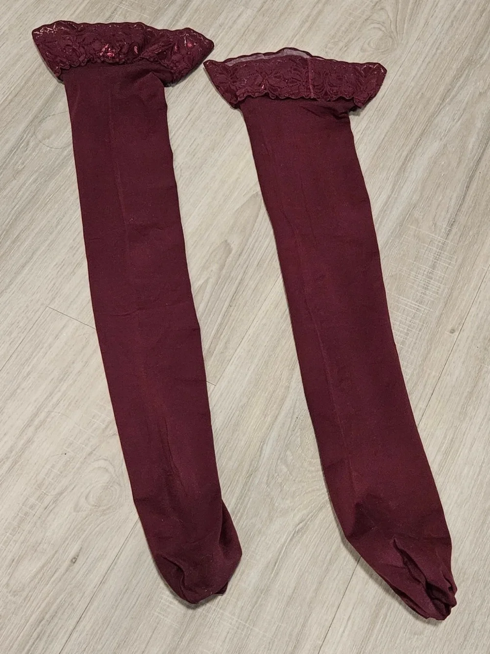 Sheer Lace-Top Thigh High Stockings - Burgundy